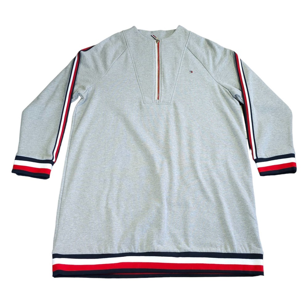 Tommy Hilfger Fleece Funnel Neck Striped Gray Sweatshirt Dress - XXL EUC